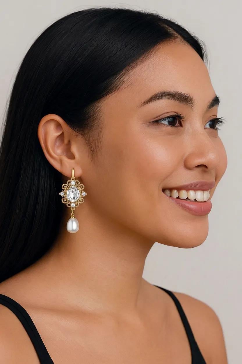 Gold Crystal Pearl Earrings | Regency Style Hoops