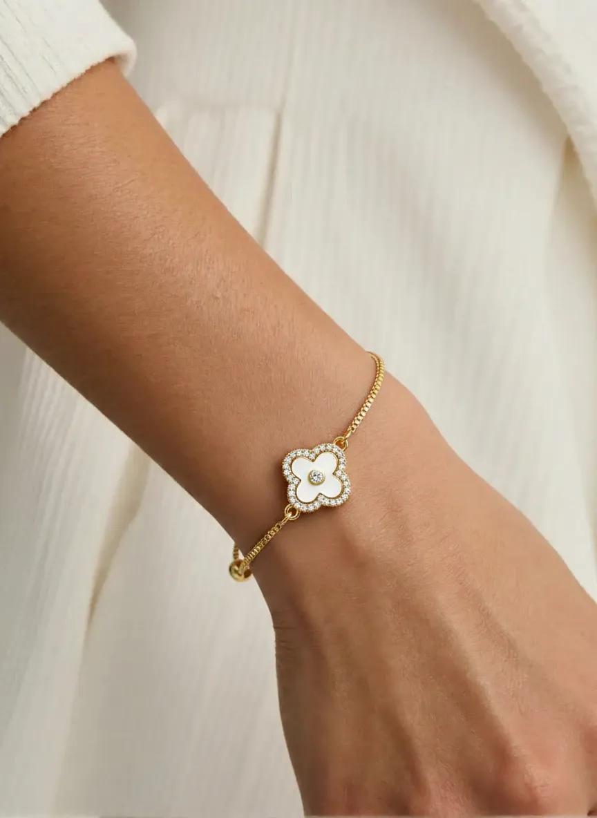 Delicate Gold Clover CZ Bracelet | Adjustable Slider