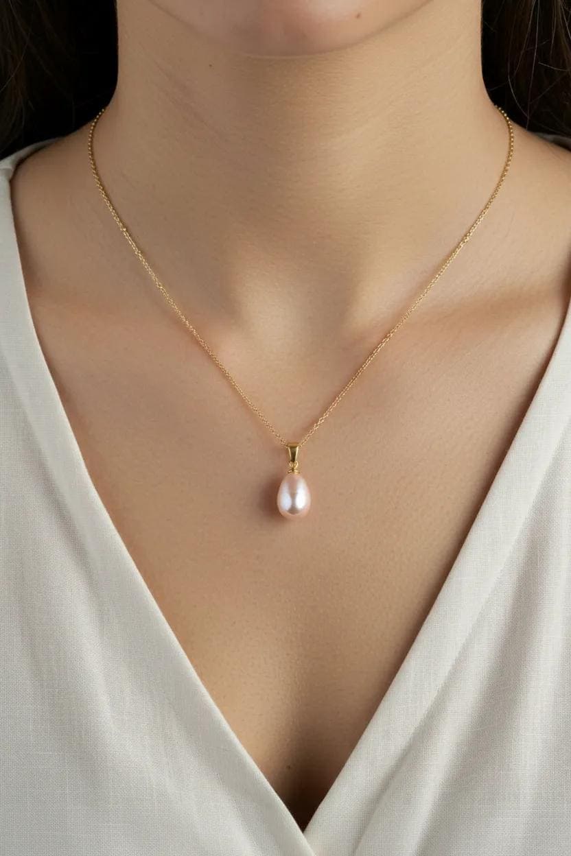 Gold Freshwater Pink Pearl Necklace, Minimalist Pendant