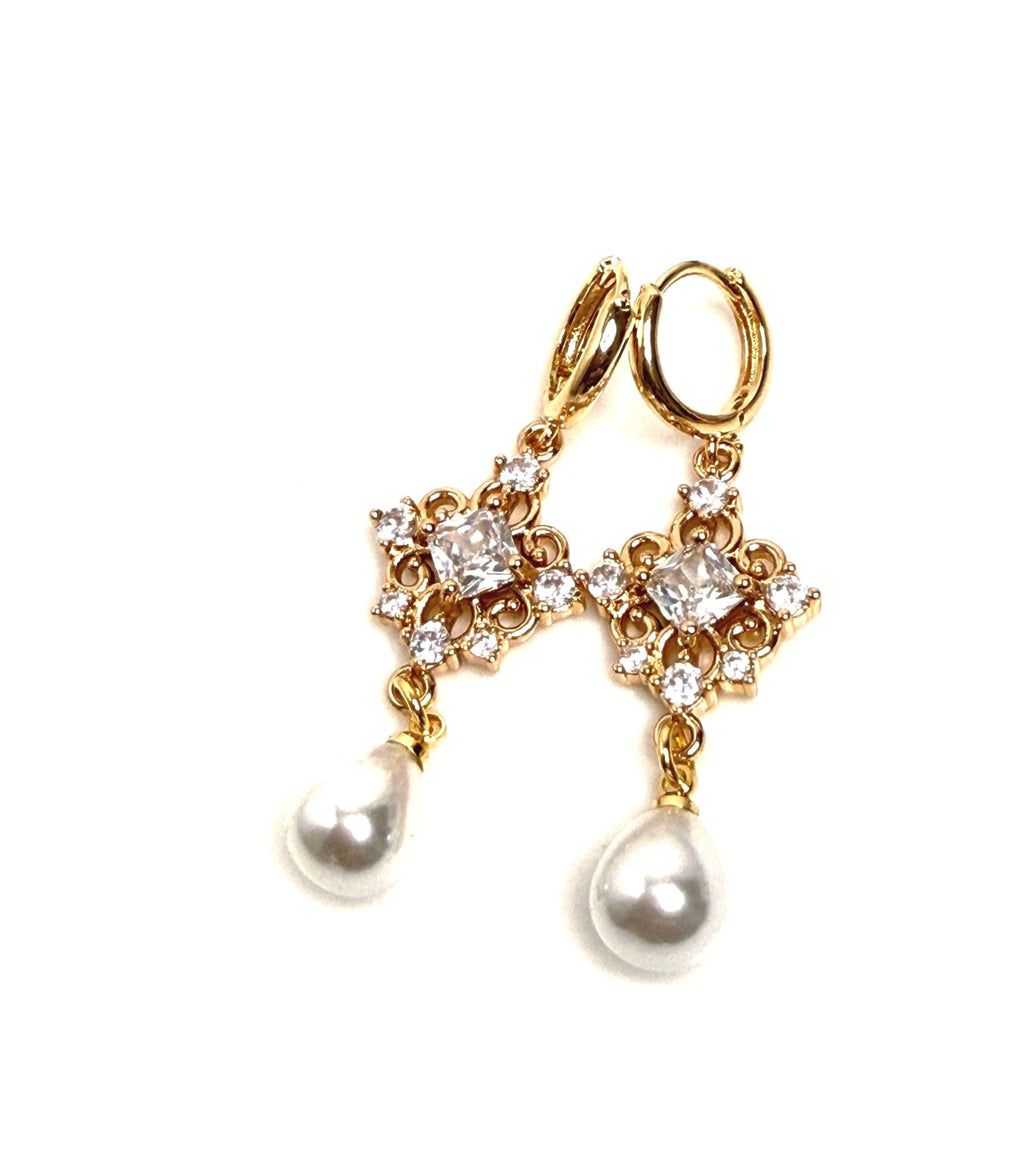 Crystal Gold Pearl Earrings Pendant Set | Regency Style Drops
