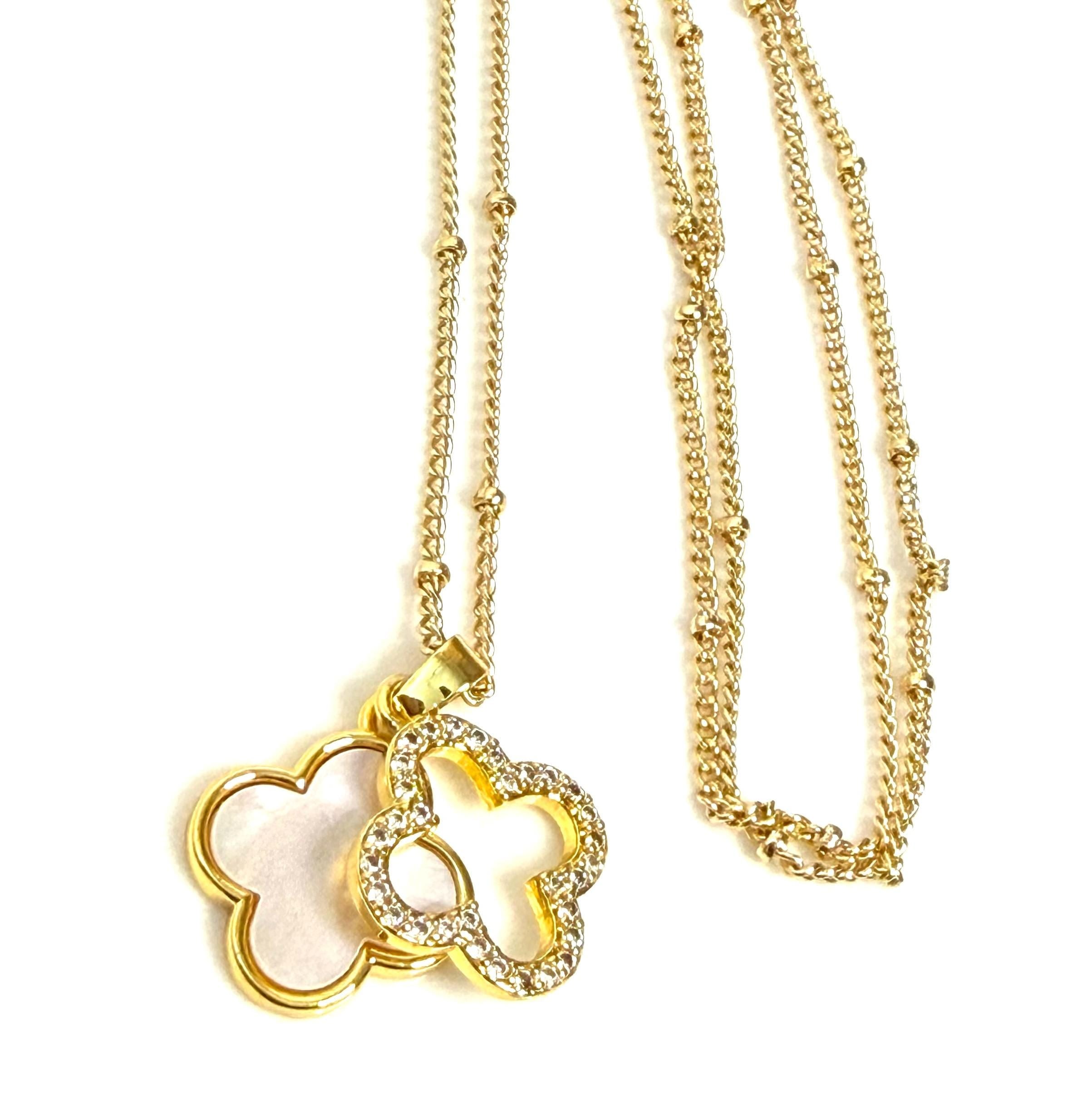 Gold Mother of Pearl Clover CZ Necklace | Gold Satelite Chain