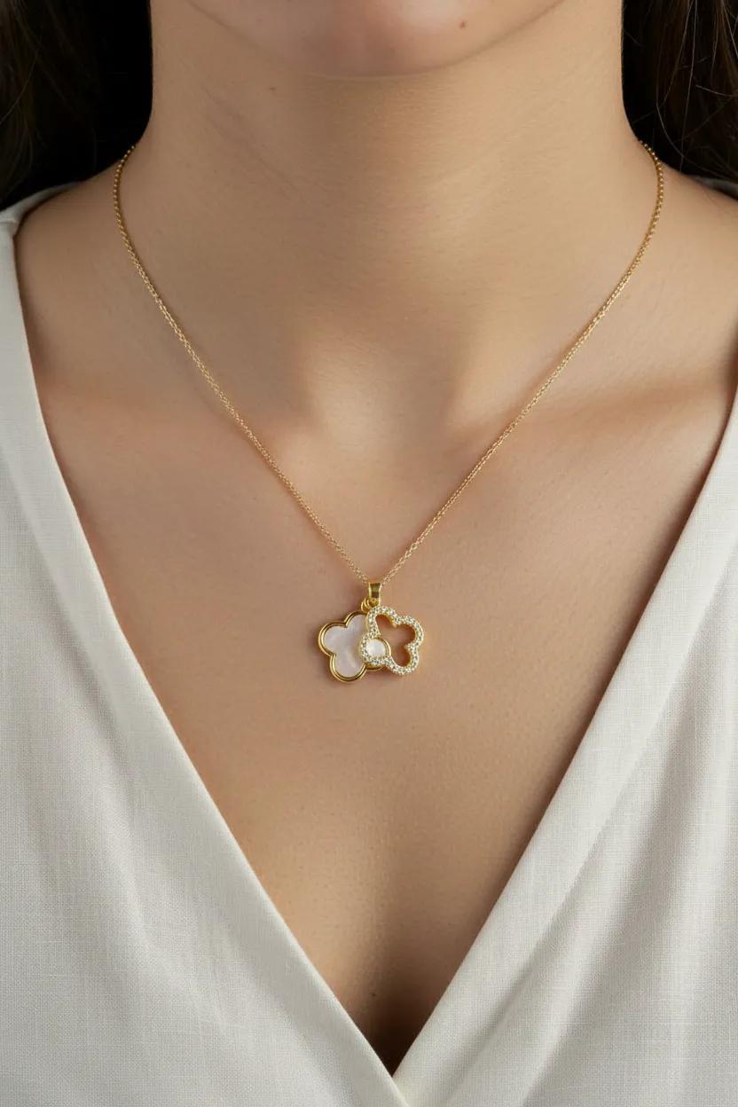 Gold Mother of Pearl Clover CZ Necklace | Gold Satelite Chain