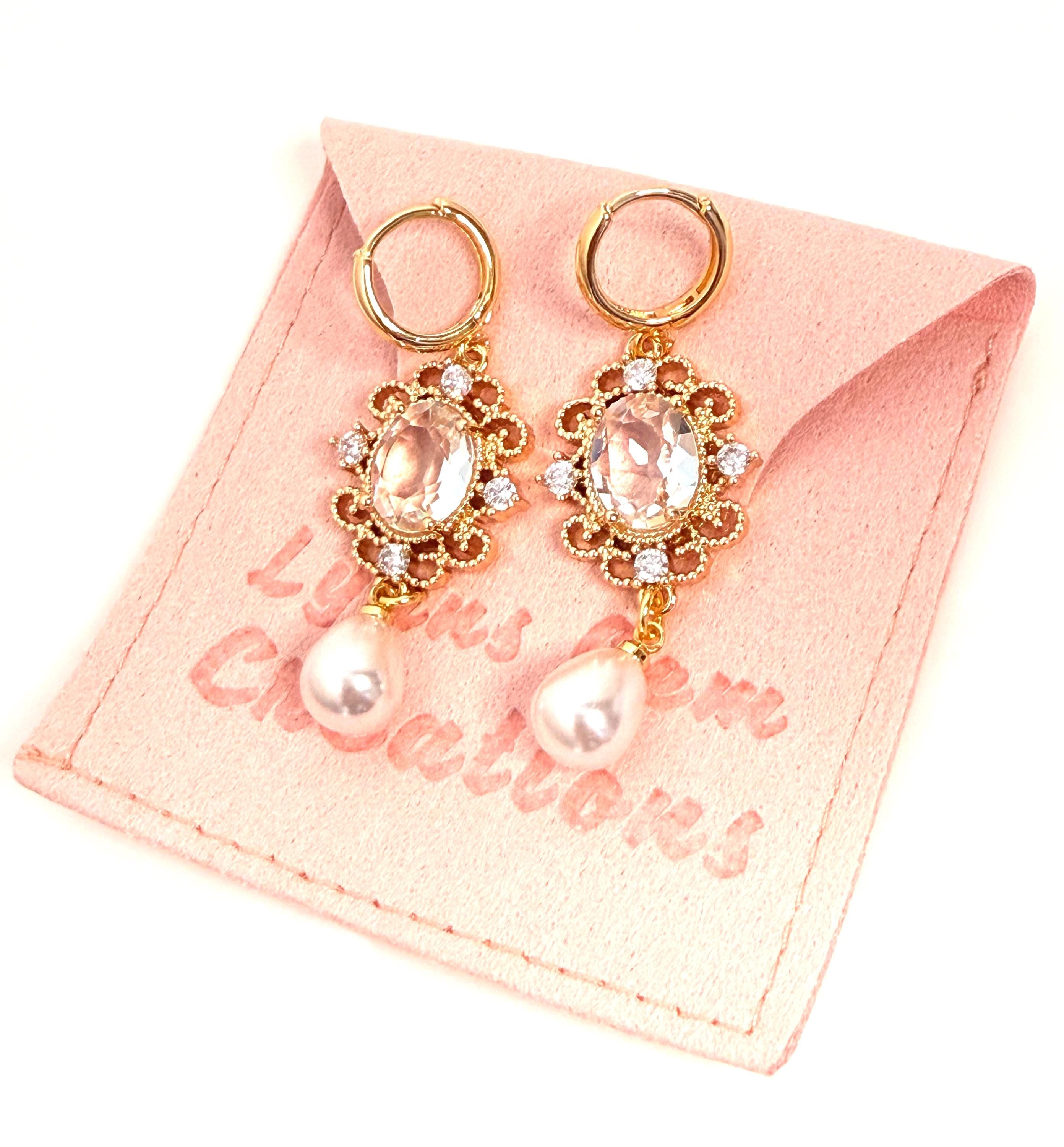 Gold Crystal Pearl Earrings | Regency Style Hoops