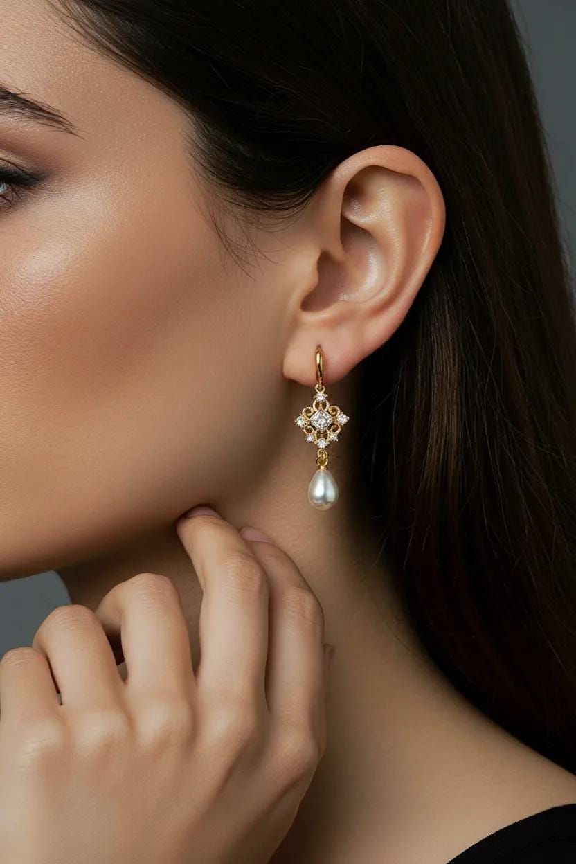 Crystal Gold Pearl Earrings Pendant Set | Regency Style Drops