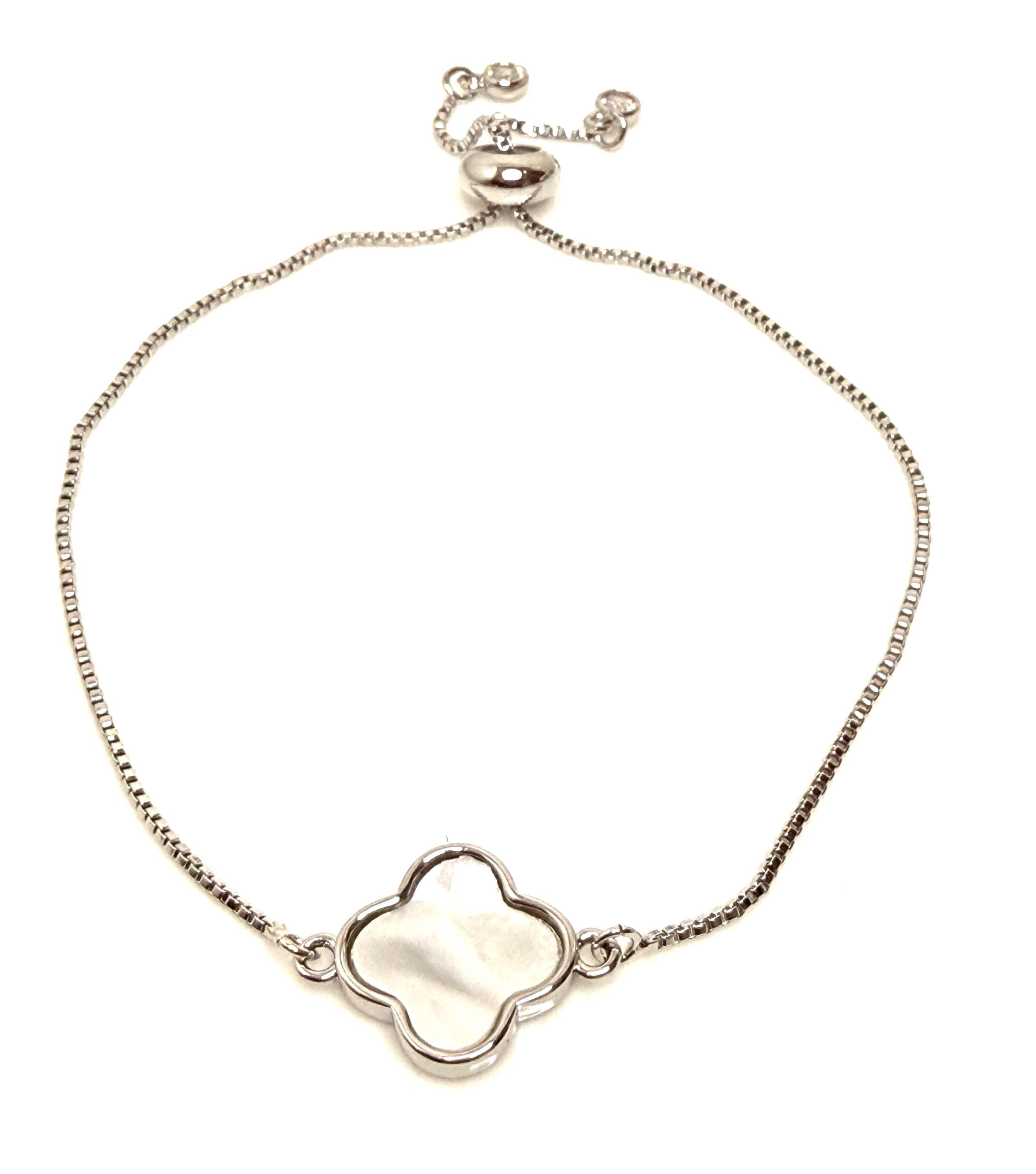 Silver Shell Four Leaf Clover Bracelet | Adjustable Slider