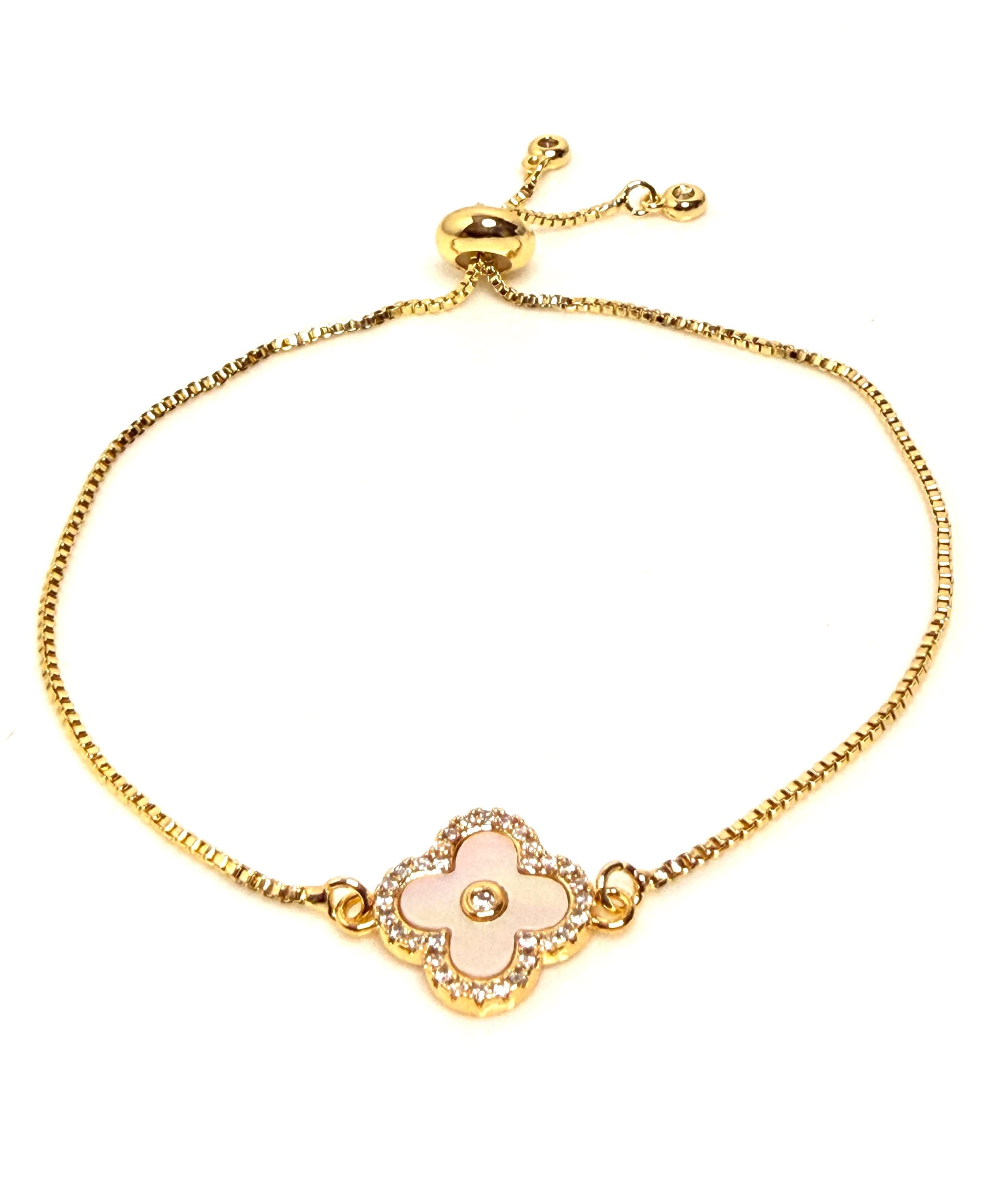 Delicate Gold Clover CZ Bracelet | Adjustable Slider