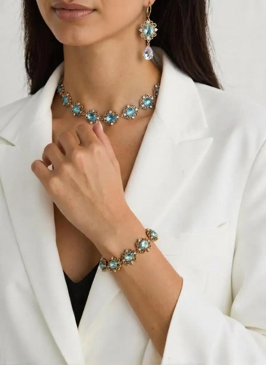 Aquamarine Regency Style Crystal Flower Jewelry Set, Gold Plated Necklace, Earrings & Bracelet