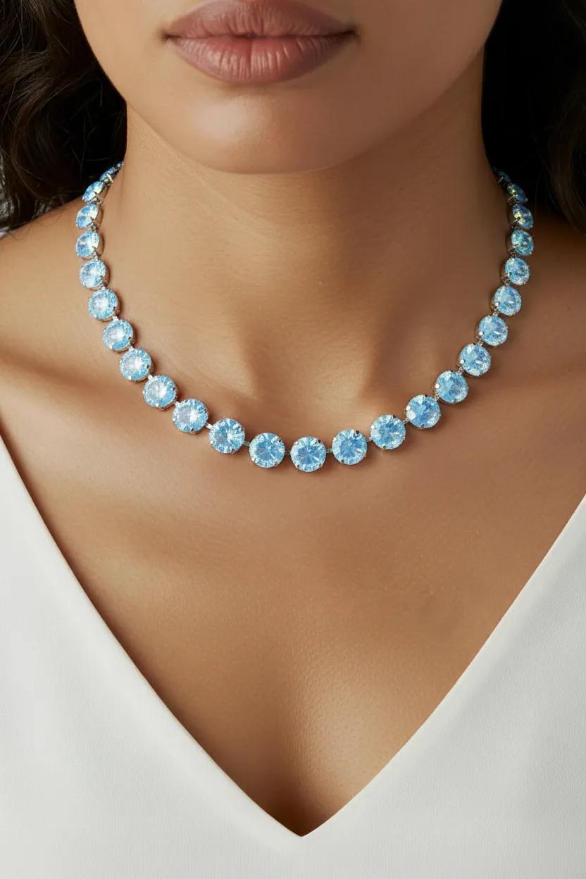 Aquamarine Blue Crystal Choker | Georgian Collet Tennis Necklace