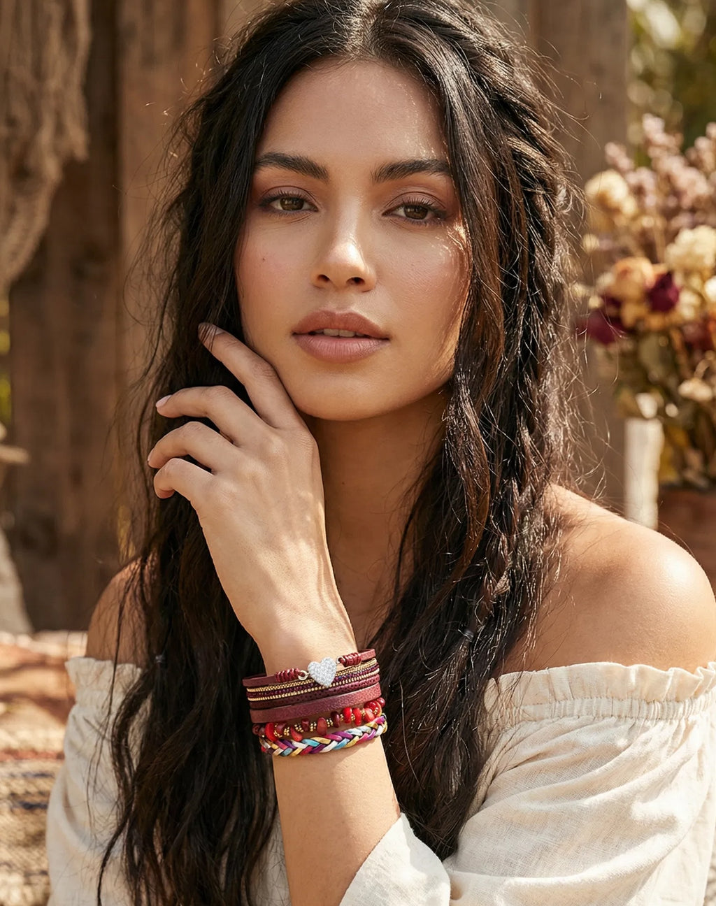 Wine Red Wide Multi Strand Bracelet | Boho Statement Bracelet | Mixed Material Bracelet