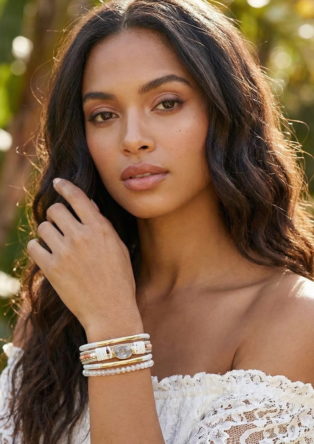 White Gold Wide Multi Strand Bracelet | Chunky Statement Bracelet | Mixed Material Bracelet | Boho Beaded Bracelets