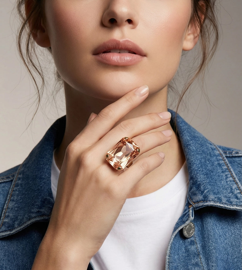 Oversized Rose Peach Crystal Cocktail Ring | 27mm Antique Brass Adjustable Statement Ring
