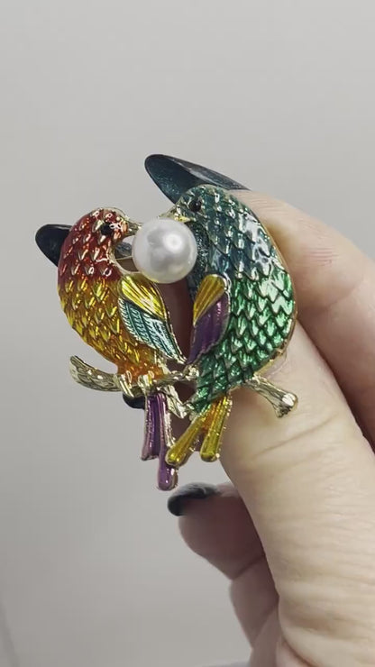 Twin Bird Pearl Brooch, Enamel Birds Pin, Exotic Birds Brooch, Colourful Birds Jacket Pin, Brooches For Women