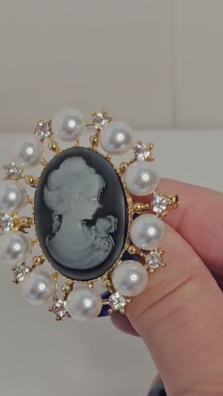 Gorgeous Gold Blue Cameo Brooch, Victorian Pearl Lady Brooch, Crystal Jewelry, Stylish Cameo Pin, Brooches For Women