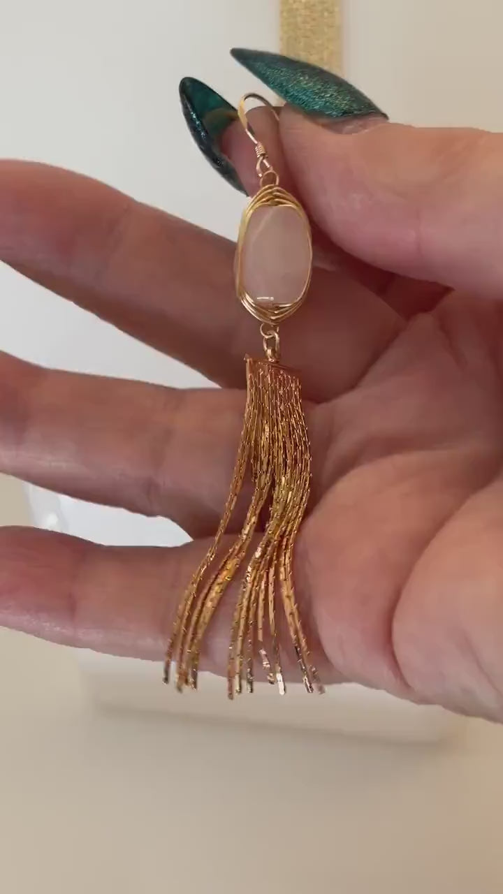 Rose Quartz Gold Tassel Earrings: 14kt Gold Filled Chain Drops