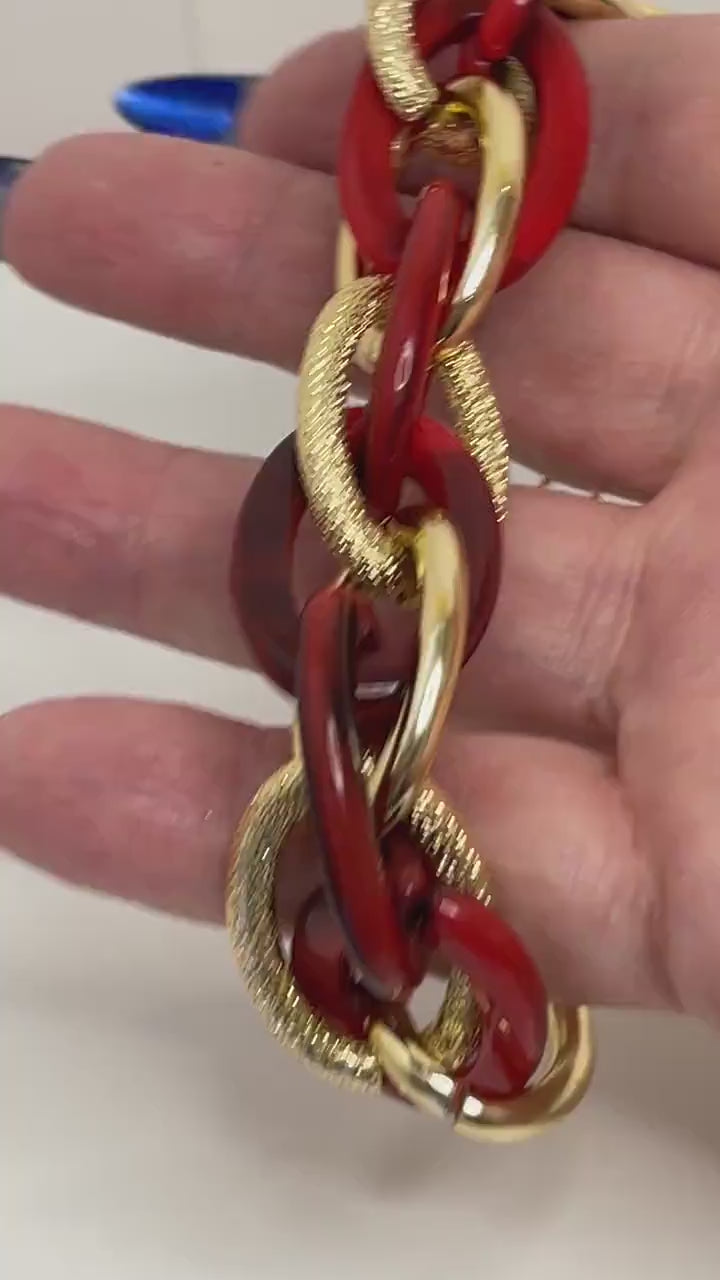 Red Gold Chunky Chain Bracelet, Red Statement Bracelet, Textured Jewellery, Retro Acrylic Jewellery, Bracelets for Women