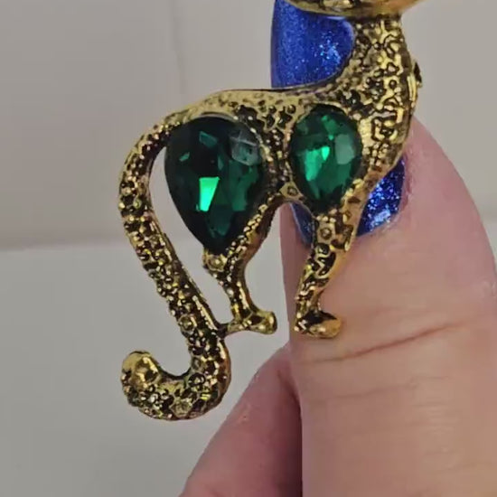 Gold Vintage Cat Brooch, Gift for Cat Lovers, Rhinestone Cat, Green Crystal Cat Pin, Brooches For Women