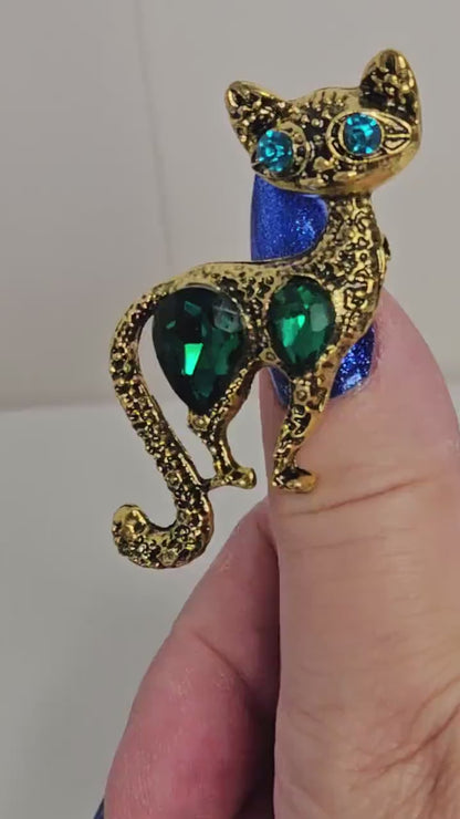 Gold Vintage Cat Brooch, Gift for Cat Lovers, Rhinestone Cat, Green Crystal Cat Pin, Brooches For Women