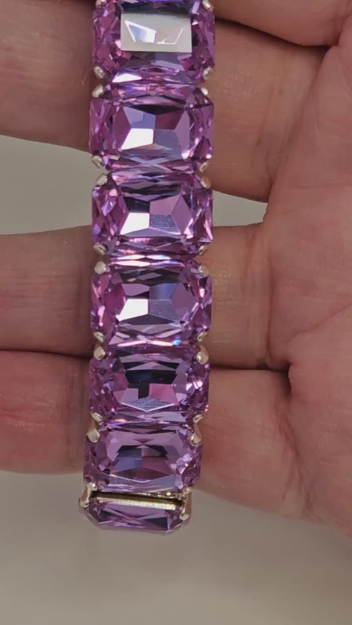 Violet Crystal Bracelet, Stretch Bracelet, Purple Crystal Jewelry, Rectangle Statement Bracelet, Bracelets For Women