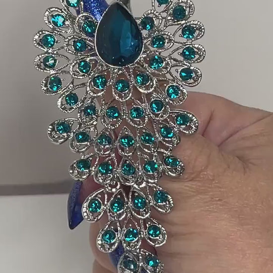 Long Crystal Peacock Brooch, Blue Statement Fashion Brooch, Tassel Peacock Pin, Luxury Peacock Pin, Brooches for Women