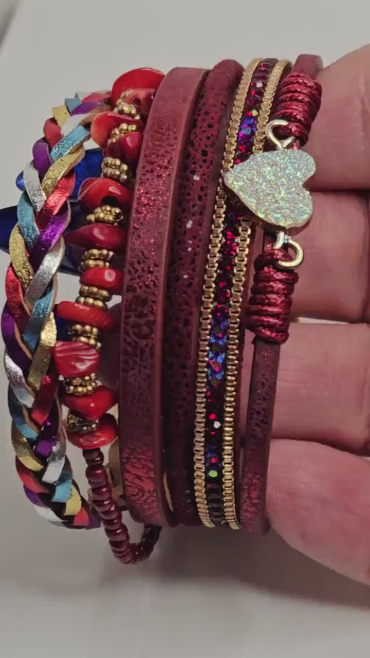 Wine Red Wide Multi Strand Bracelet, Chunky Statement Bracelet, Mixed Material Bracelet, Boho Beaded Bracelets for Women