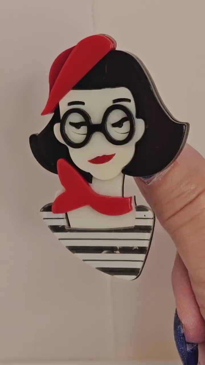 Fun French Style Lady Brooch, Lady in Glasses with a Scarf and Bolero, Fashion Pin for Jacket Scarf, Paris Lady Pin, Brooches For Women