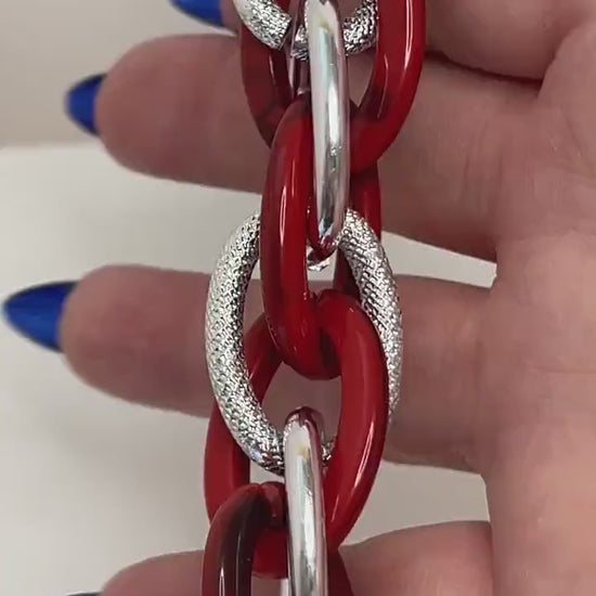 Red Silver Chain Bracelet, Chunky Statement Bracelet, Textured Jewellery, Retro Acrylic Jewellery, Bracelets for Women