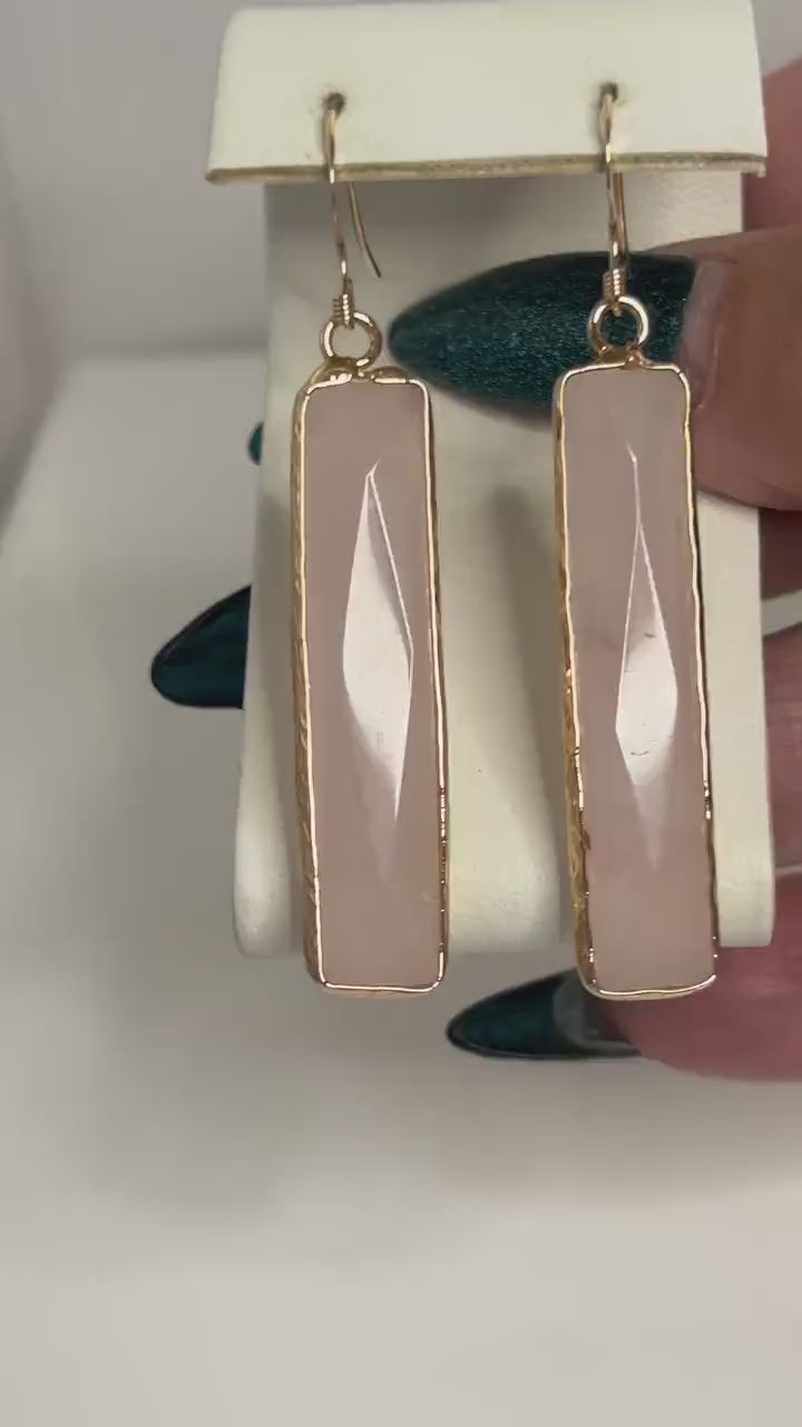 Rose Quartz Gold Filled Earrings: Long Geometric Drops, January Birthstone