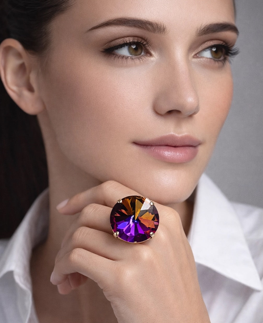 Oversized Volcano Rainbow Crystal Ring | Adjustable Silver Plated Cocktail Ring | 27mm
