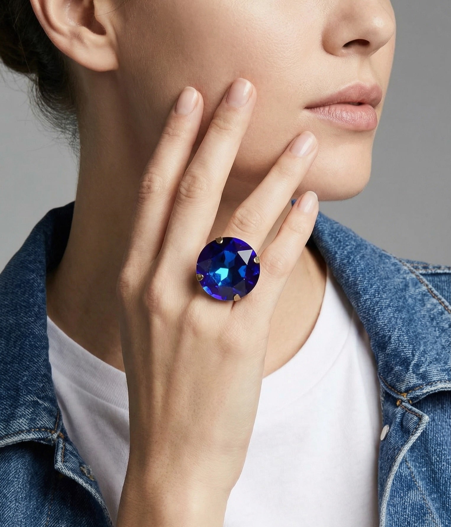 Oversized Crystal Statement Ring | Bermuda Blue CZ Adjustable Cocktail Ring | 27mm
