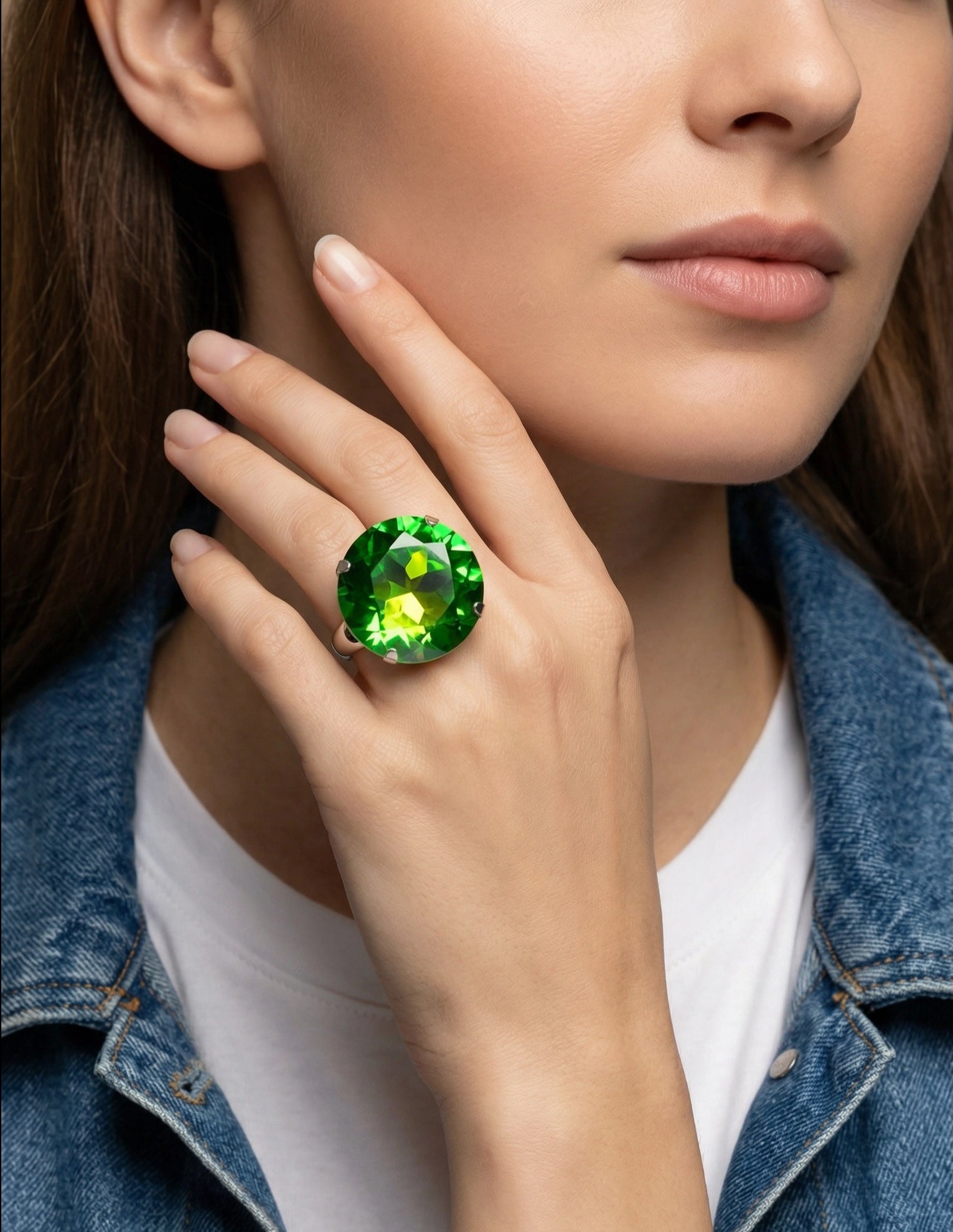 Oversized Crystal Statement Ring | Green Rainbow CZ Adjustable Ring | 27mm