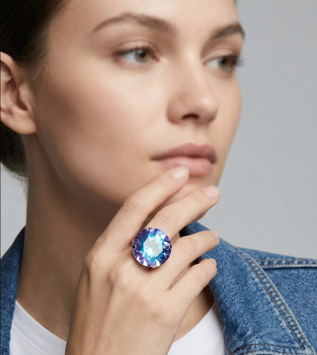 Blue Purple Oversized Crystal Statement Ring | Silver Adjustable Ring | 27mm
