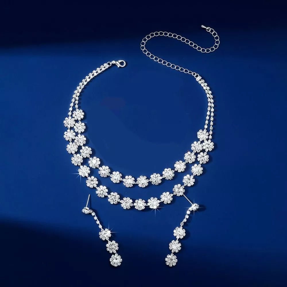 Clear CZ Crystal Flower Tennis Necklace Bracelet Earrings Set | Wedding Jewellery 