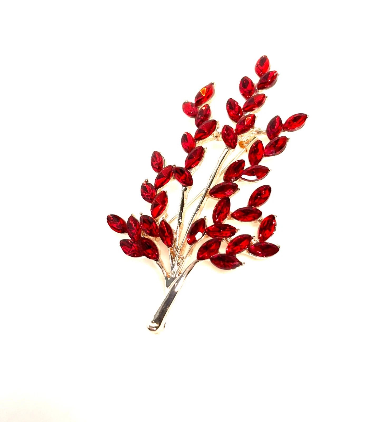 Pretty Gold Red Crystal Tree Flower Brooch | Sparkly Jacket Scarf Pin