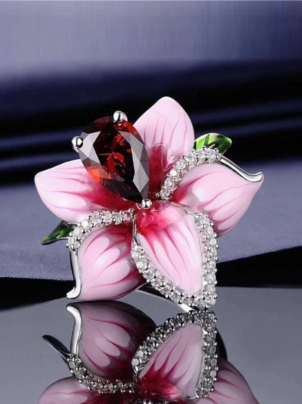 Pink Orchid Style Crystal Flower Ring | Silver 