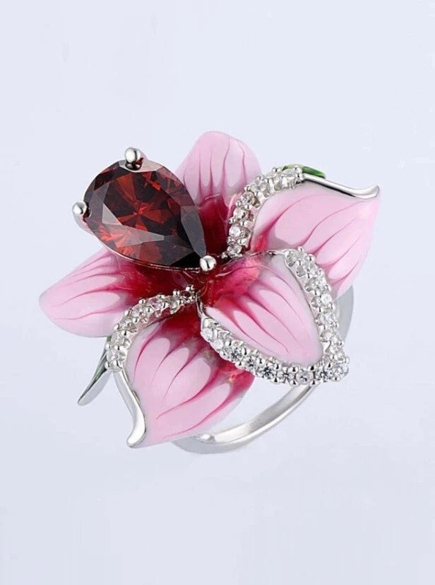 Pink Orchid Style Crystal Flower Ring | Silver 