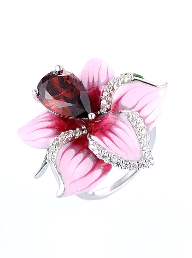 Pink Orchid Style Crystal Flower Ring | Silver 