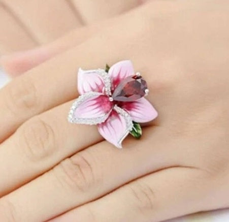Pink Orchid Style Crystal Flower Ring | Silver 