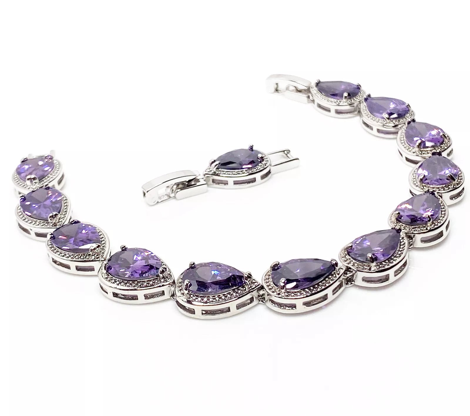 Amethyst Purple Crystal Teardrop Bracelet | Silver Plated Rhinestone Adjustable