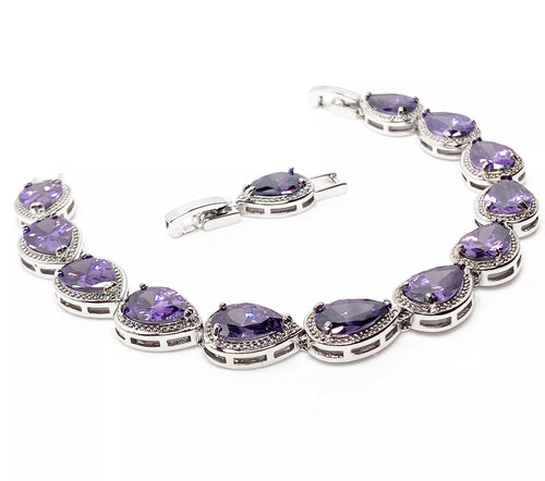 Amethyst Purple Crystal Teardrop Bracelet | Silver Plated Rhinestone Adjustable
