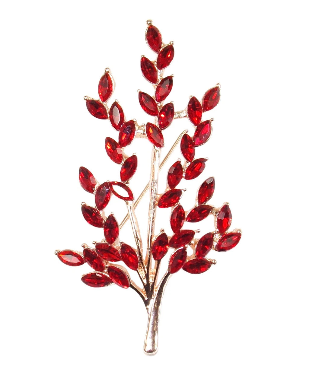 Pretty Gold Red Crystal Tree Flower Brooch | Sparkly Jacket Scarf Pin