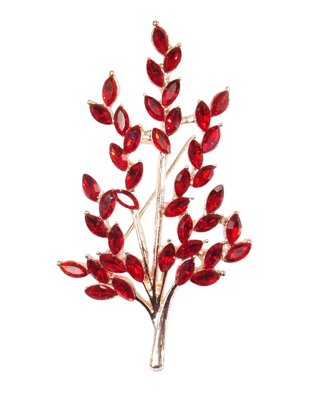 Pretty Gold Red Crystal Tree Flower Brooch | Sparkly Jacket Scarf Pin
