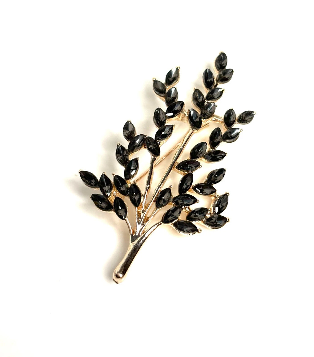 Pretty Gold Black Crystal Tree Flower Brooch | Sparkly Jacket Scarf Pin