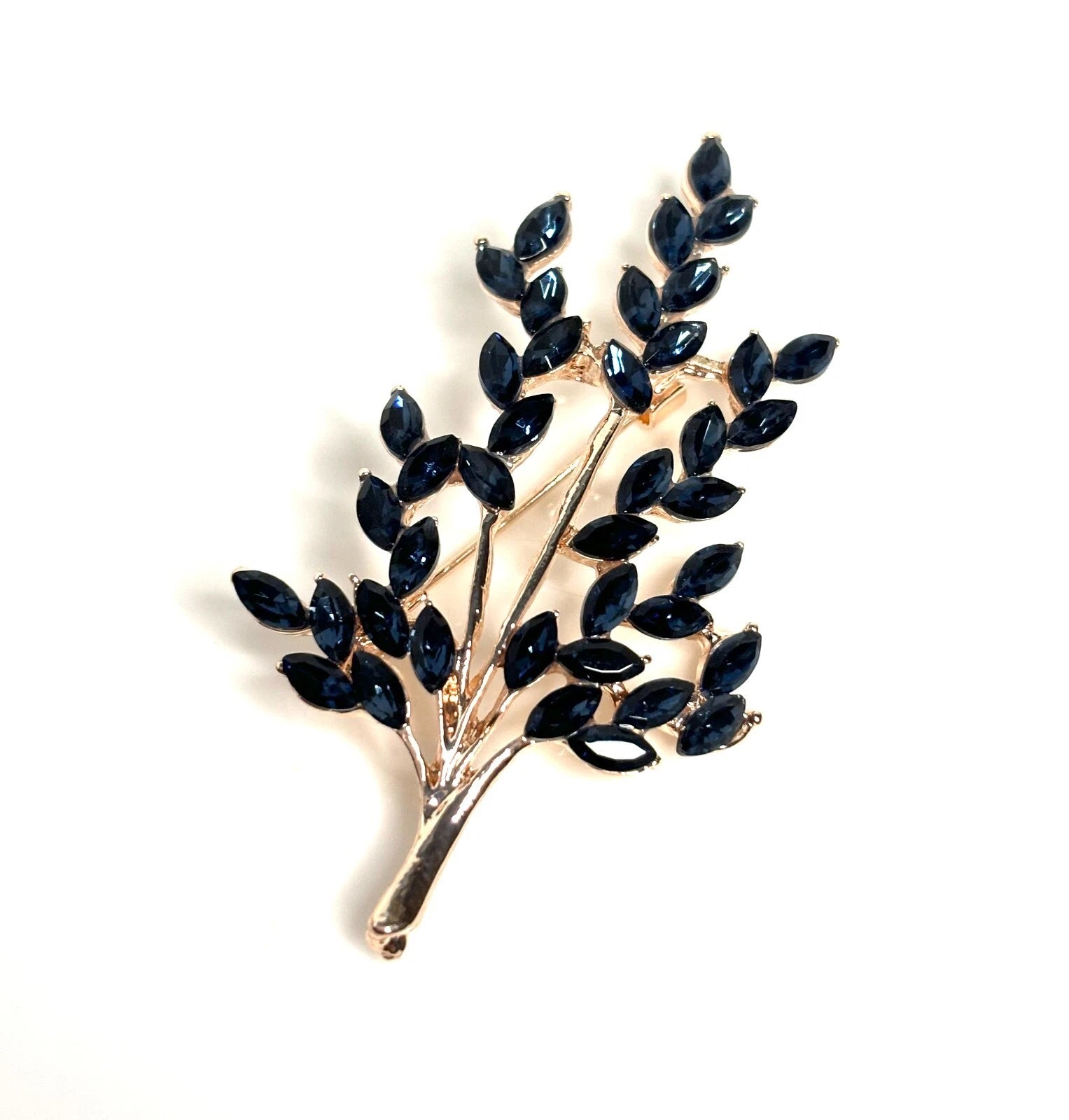 Pretty Dark Blue Crystal Tree Flower Brooch | Sparkly Jacket Scarf Pin 