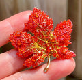 Orange Red Maple Leaf Crystal Brooch  | Gold Leaf Pin | Leaf Jacket Pin