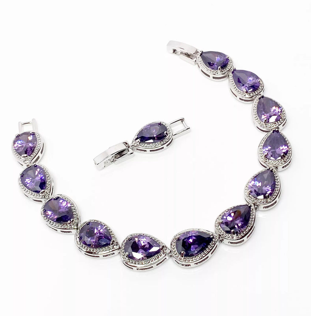 Amethyst Purple Crystal Teardrop Bracelet | Silver Plated Rhinestone Adjustable
