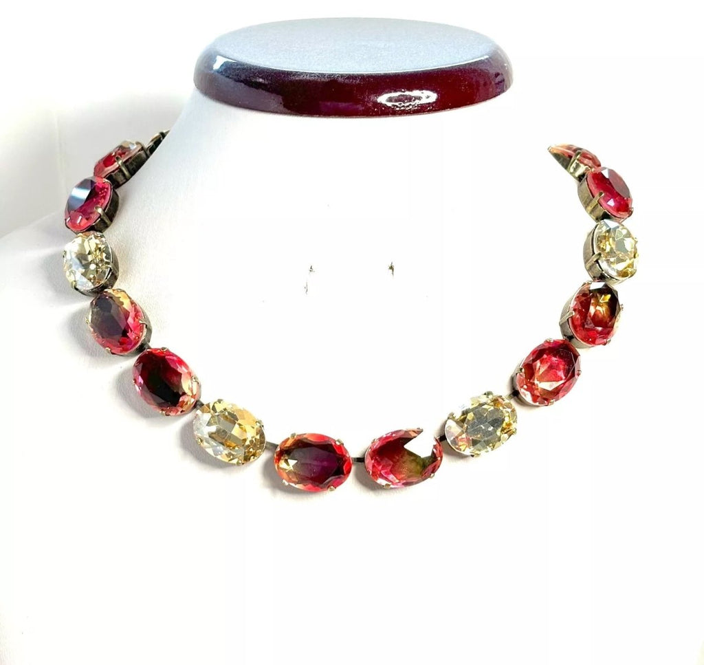 Pink Gold Tourmaline Style Crystal Necklace |  Antique Brass Georgian Collet | Anna Wintour Style 