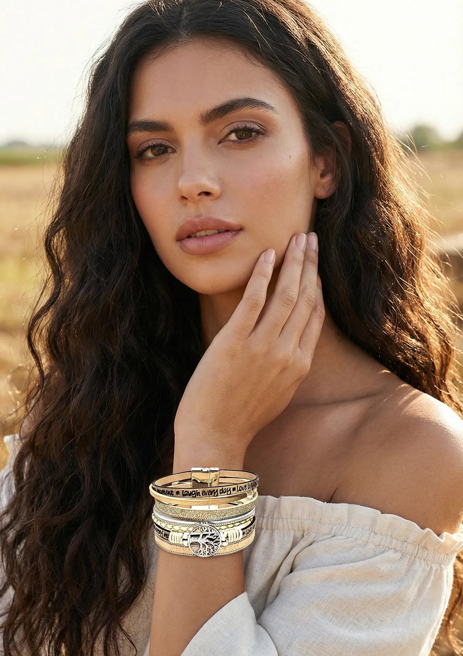 Cream Gold Wide Multi Strand Bracelet | Tree of Life Chunky Statement Bracelet | Mixed Material Bracelet