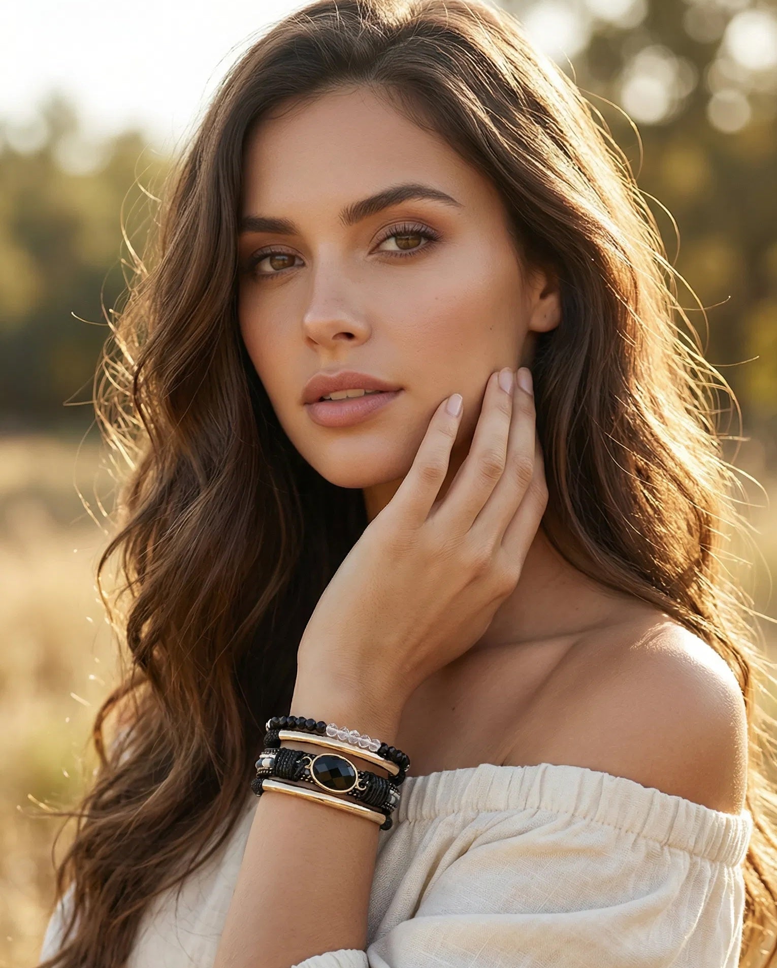 Black Gold Wide Multi Strand Bracelet | Chunky Statement Bracelet | Mixed Material Bracelet | Boho Beaded Bracelet