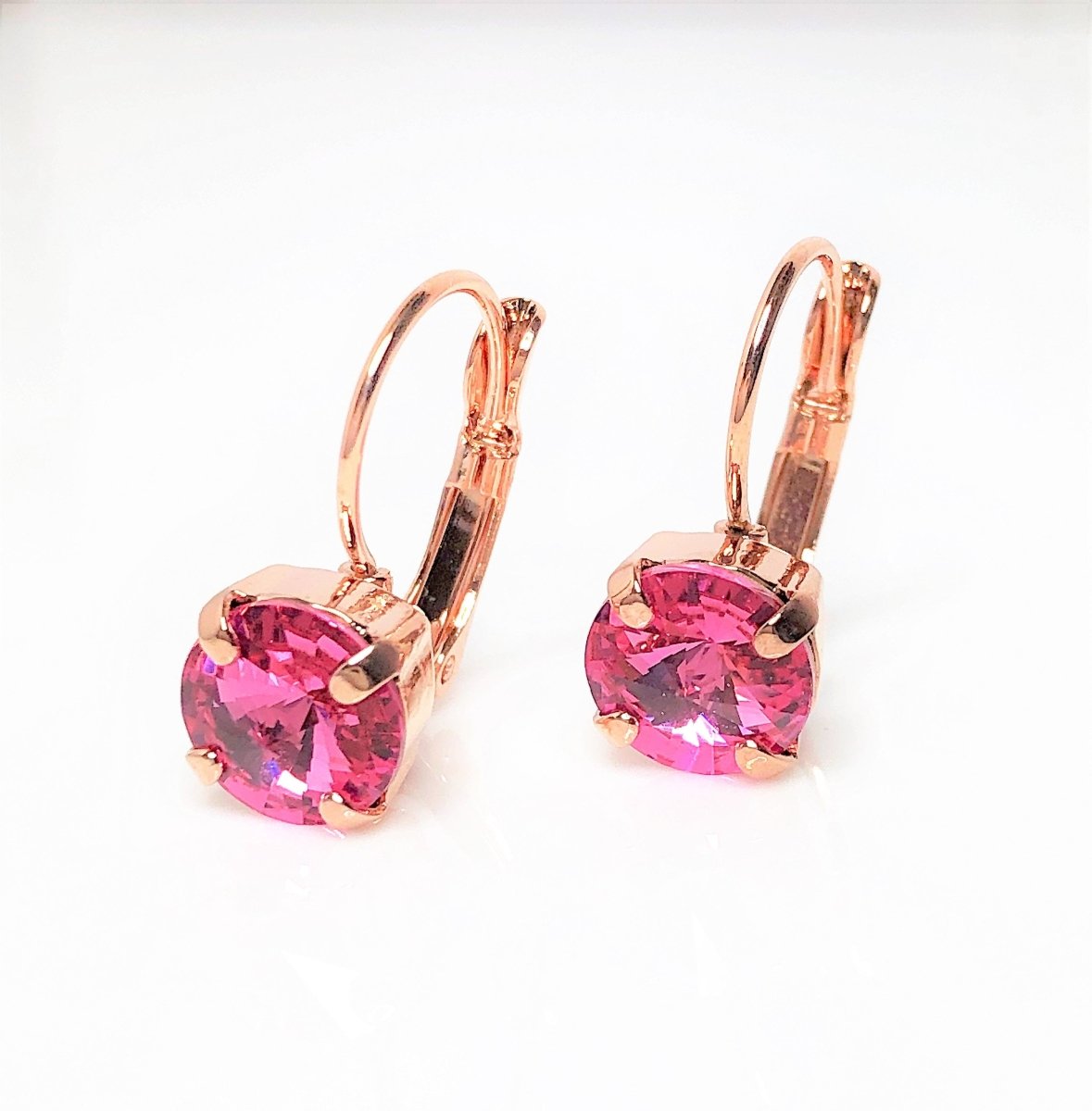 Rose Pink Austrian Crystal Earrings | 8mm Crystal Drops | Rose Gold Plated