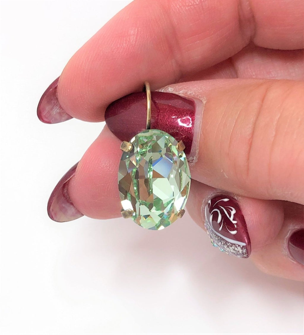 Chrysolite Green Premium Crystal Earrings | Oval Statement Drops | Antique Brass